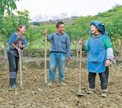 盧丹（左一）在致富村與村民交流果樹(shù)種植情況。